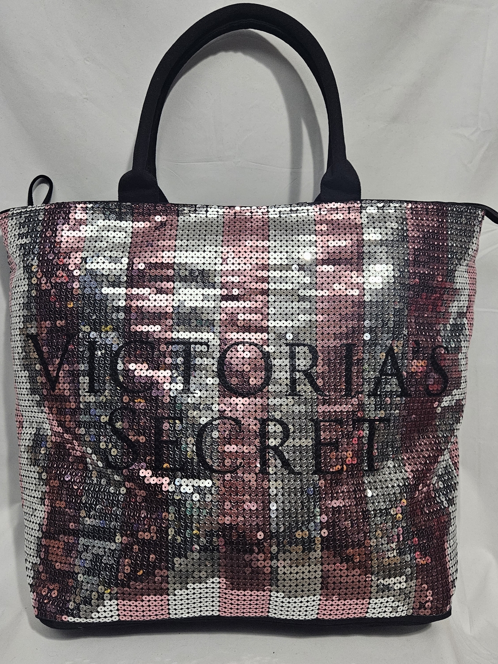 Victoria's Secret Sequin Stripe Tote Bag Pink Silver Black Friday Limited Promo